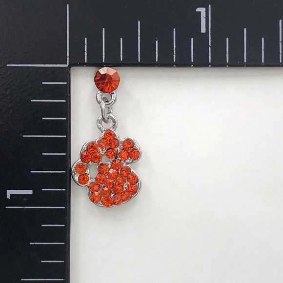 🌼 Orange Paw Print Rhinestone Post Drop Earrings - Picture 2 of 2